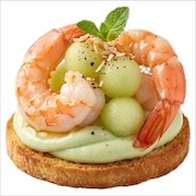 Prawns and honeydew melon balls on avocado cream over a toasted crouton, with mint — iDoCatering canapé