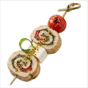 Chicken roulade slices with cheese, cherry tomato and capsicum on a bamboo skewer — iDoCatering canapé
