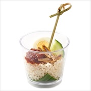 Nasi lemak in a clear cup with sambal, anchovies, egg and cucumber — iDoCatering canapé