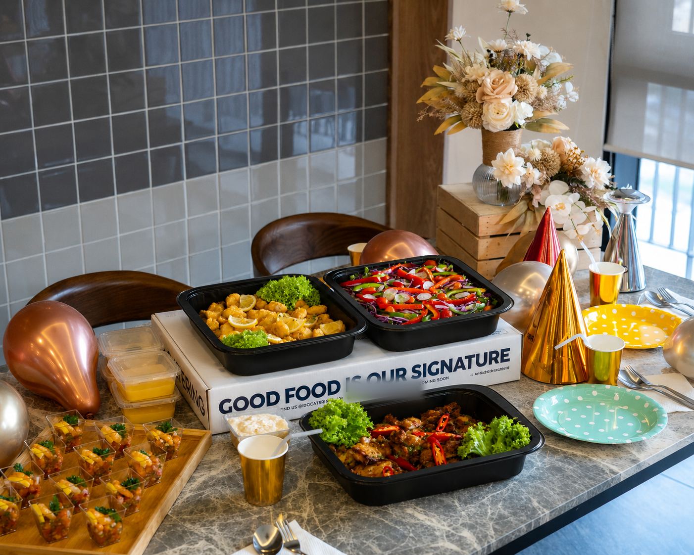 iDoCatering black-tray buffet on a marble counter with chicken, pepper salad and party decor — KL buffet catering