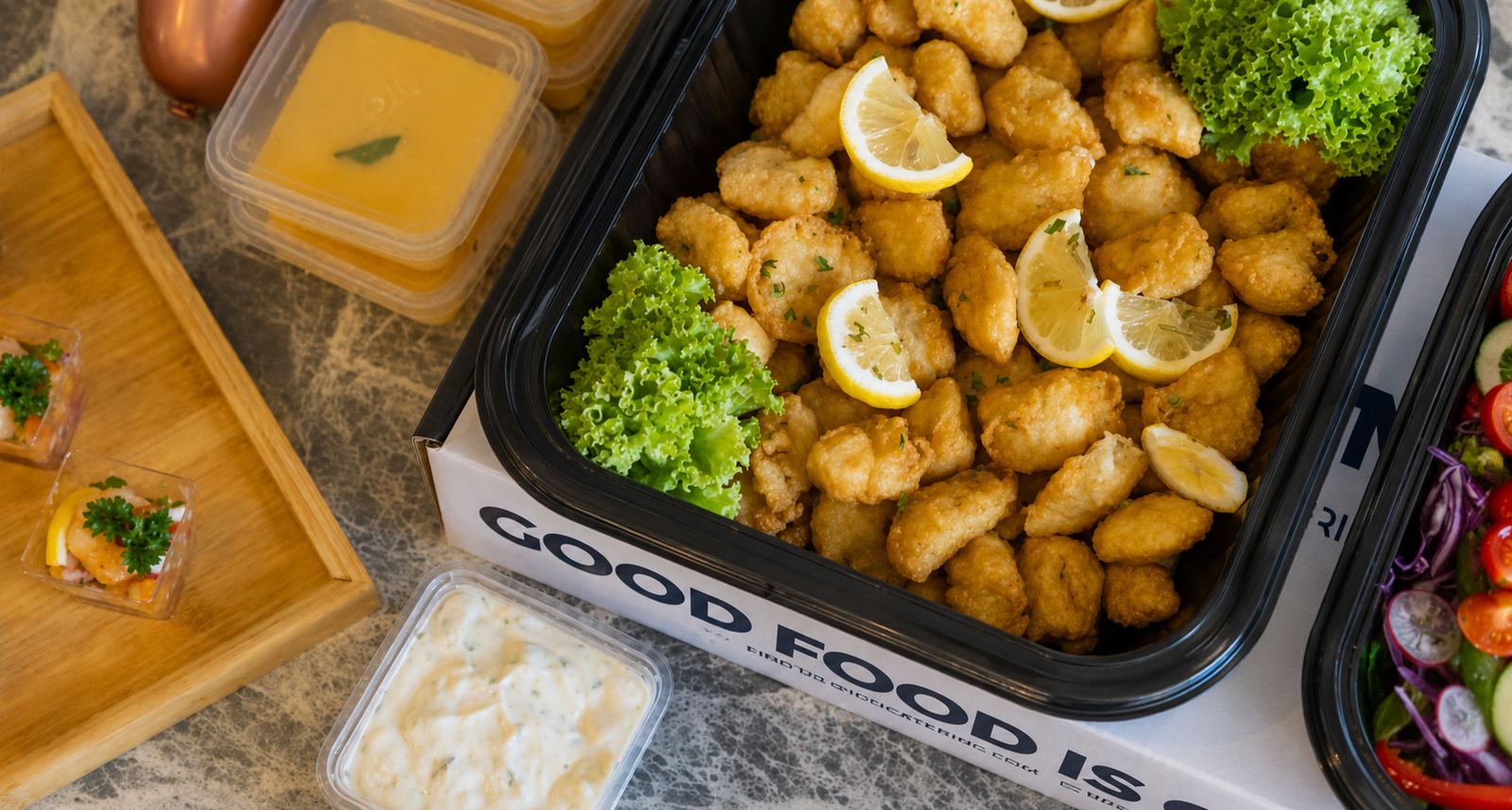 Close-up of a black catering tray of battered fried fish with lemon wedges and tartar dip — iDoCatering buffet KL