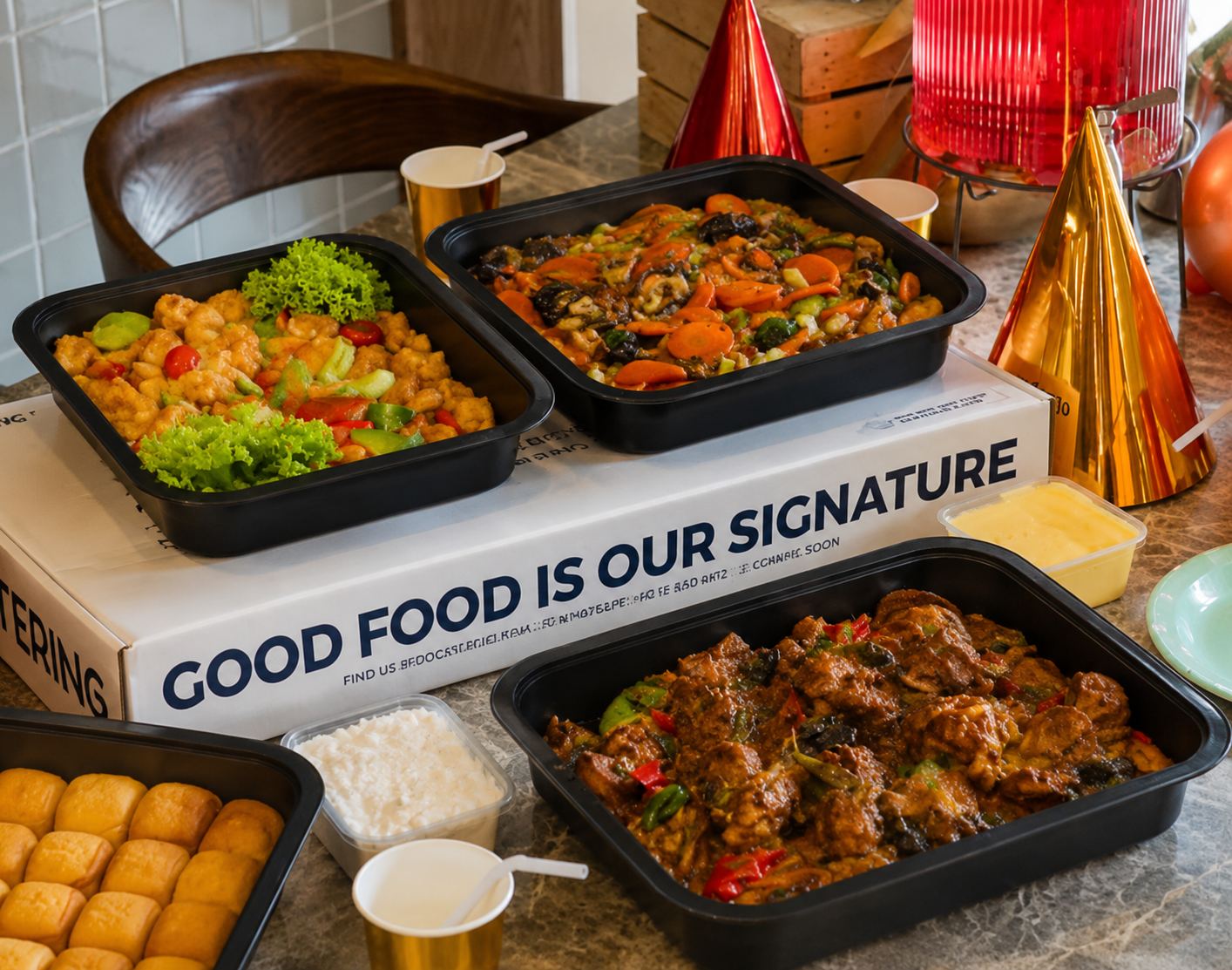 Black catering trays of chicken, mixed vegetables and a dark chicken dish with buns on an iDoCatering buffet