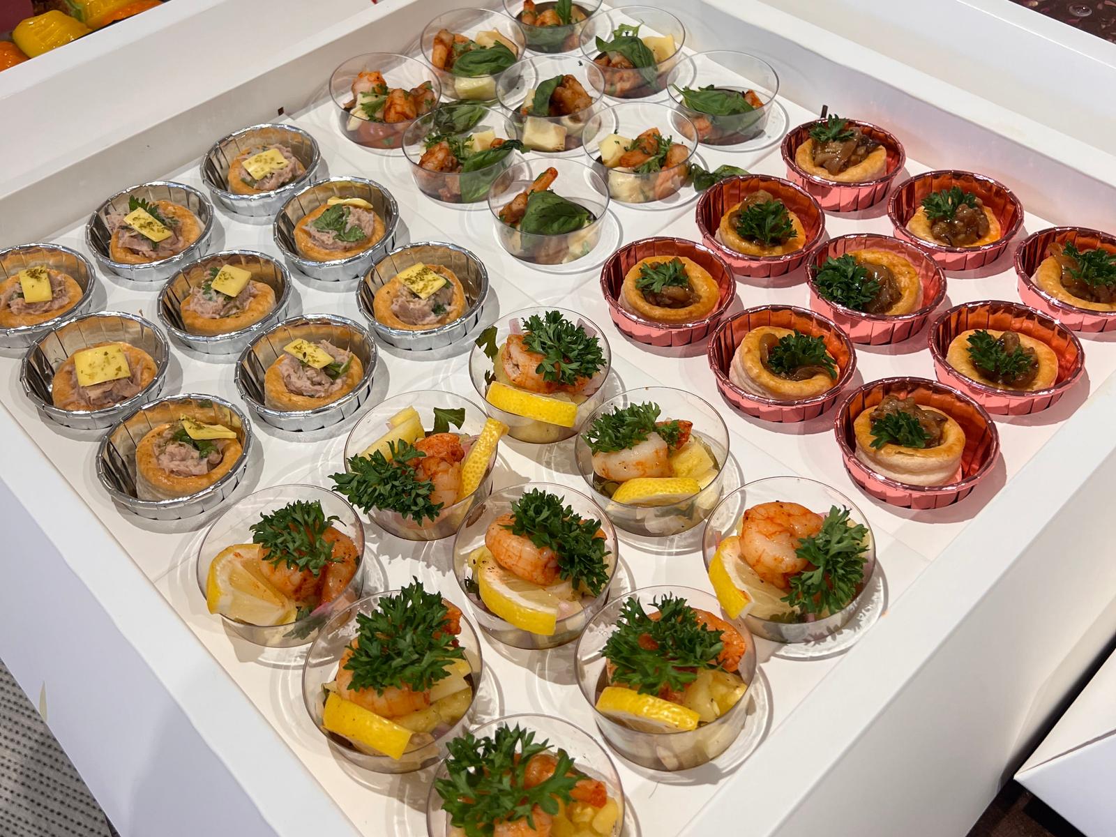Tuna cheese and chicken mushroom vol-au-vents, caprese shrimp shots and pineapple-shrimp salsa cups — iDoCatering