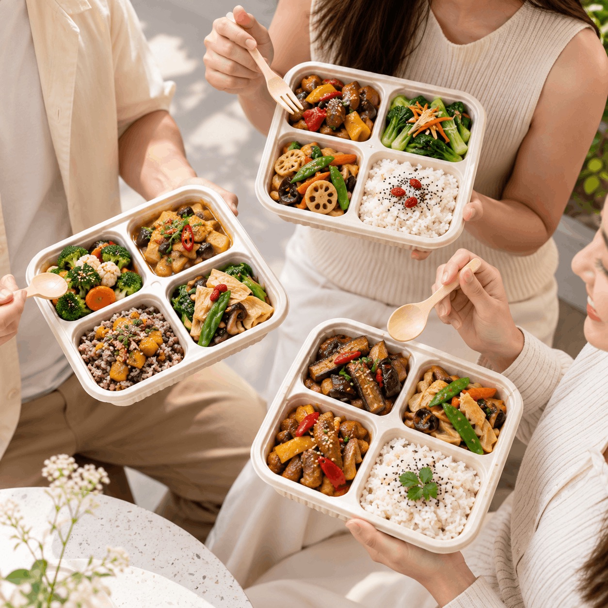 Three guests holding iDoCatering vegetarian corporate bento boxes — rice, braised tofu, lotus root and stir-fried greens