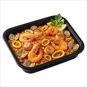 Seafood paella of golden rice with prawns, scallops, squid rings and clams in an iDoCatering black catering tray