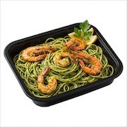 Spaghetti in green spinach pesto topped with prawns, lemon and parsley in an iDoCatering black catering tray