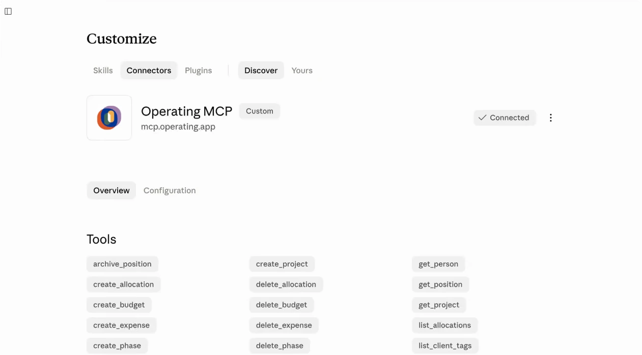 Operating MCP server connected in Claude with staffing and budget tools