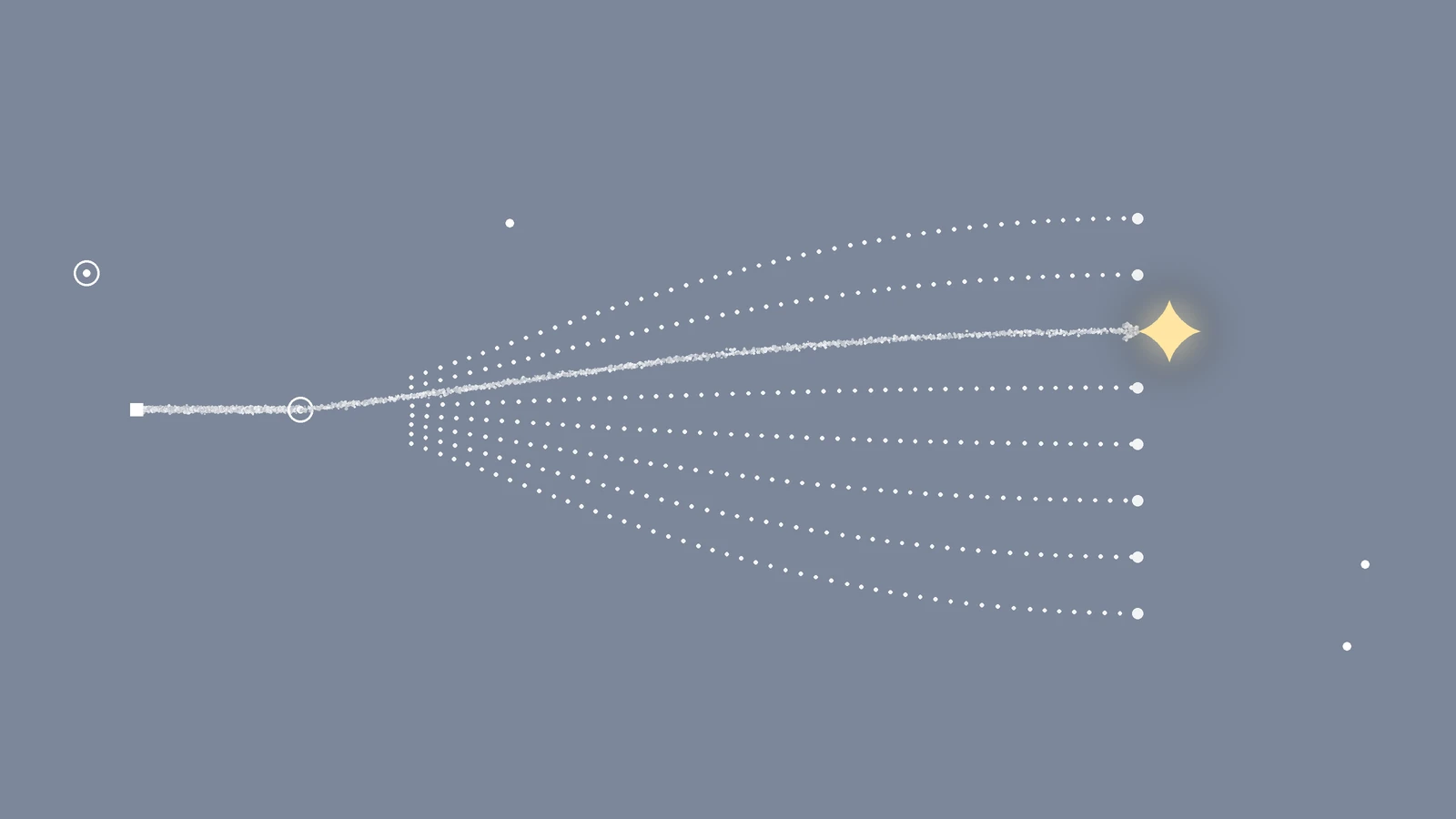 Ruddr alternatives: a white chalk line on slate branches into eight routes, and the solid route ends at a yellow star