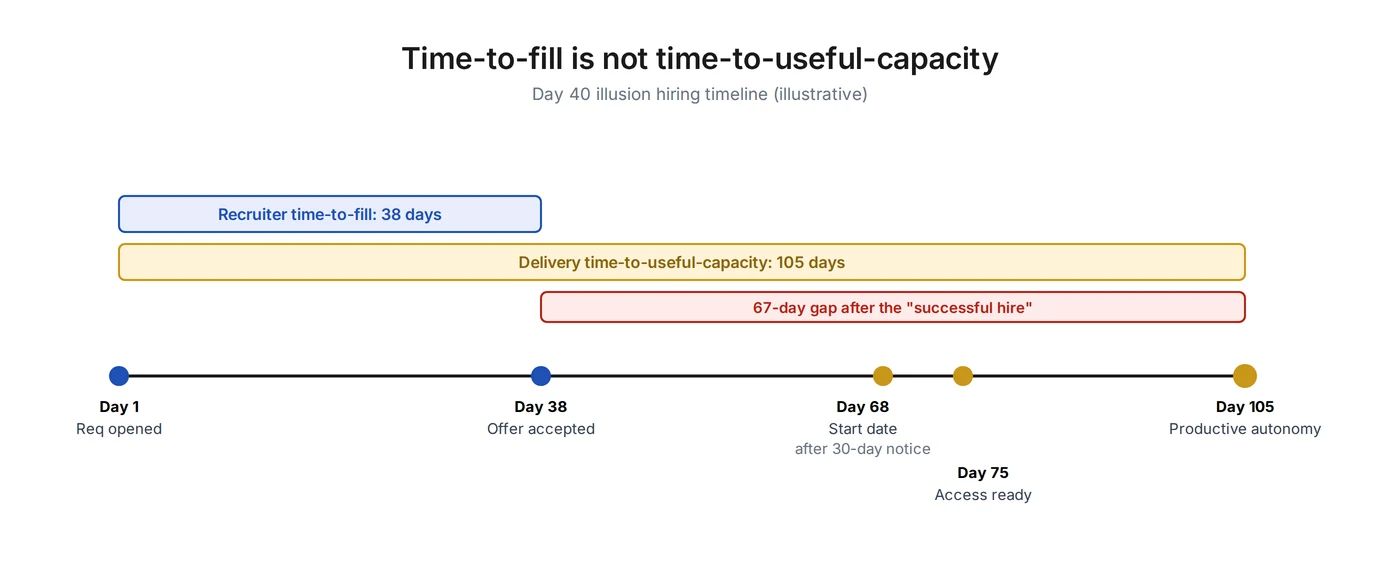 Hiring timeline from requisition opened on day 1 to offer accepted on day 38, start on day 68, access ready on day 75 and productive autonomy on day 105