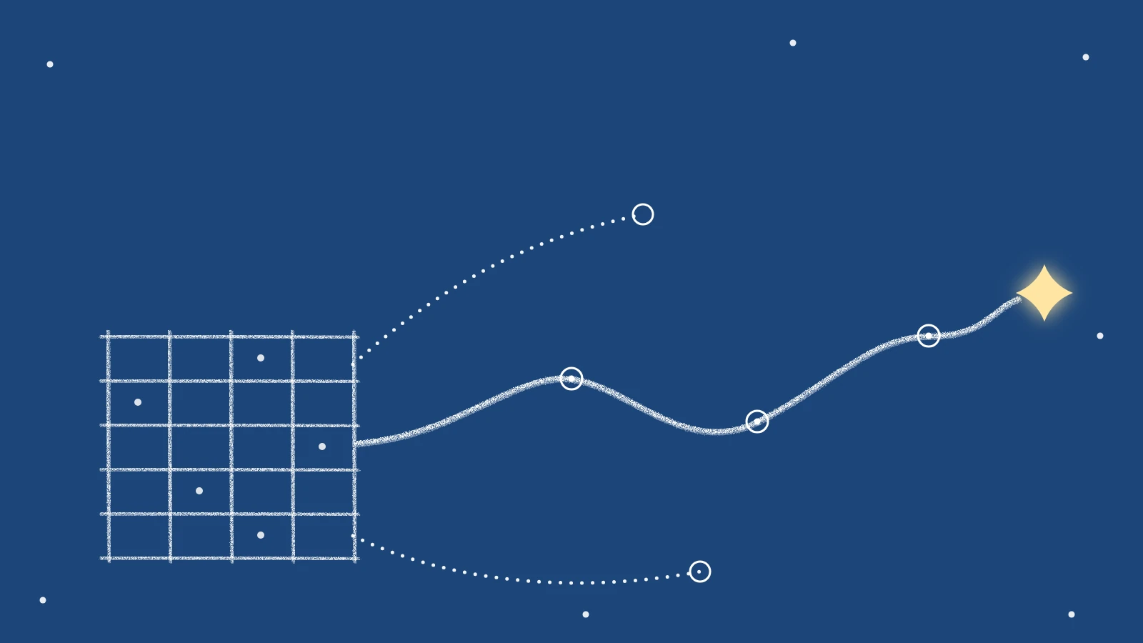 PSA vs spreadsheets: a chalk-line spreadsheet grid on navy connects through ring nodes to a yellow star, while two dotted lines end in empty circles