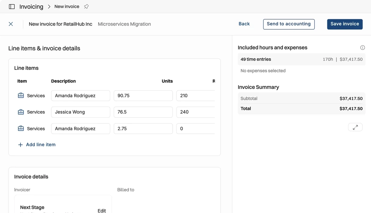Operating new invoice screen for a client project with line items built from 49 approved time entries, an invoice summary, and Send to accounting and Save invoice buttons