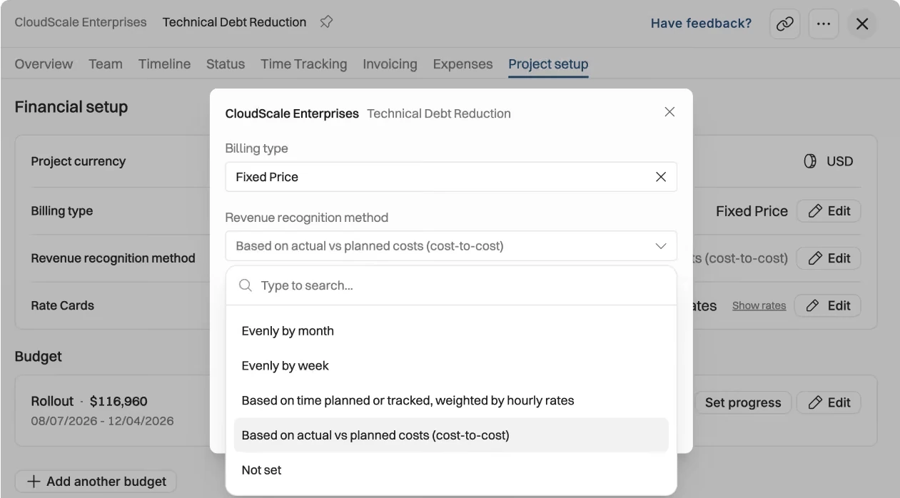 Operating project financial setup for a fixed-price project, choosing a revenue recognition method such as evenly by month, evenly by week, time weighted by hourly rates, or actual vs planned costs (cost-to-cost)