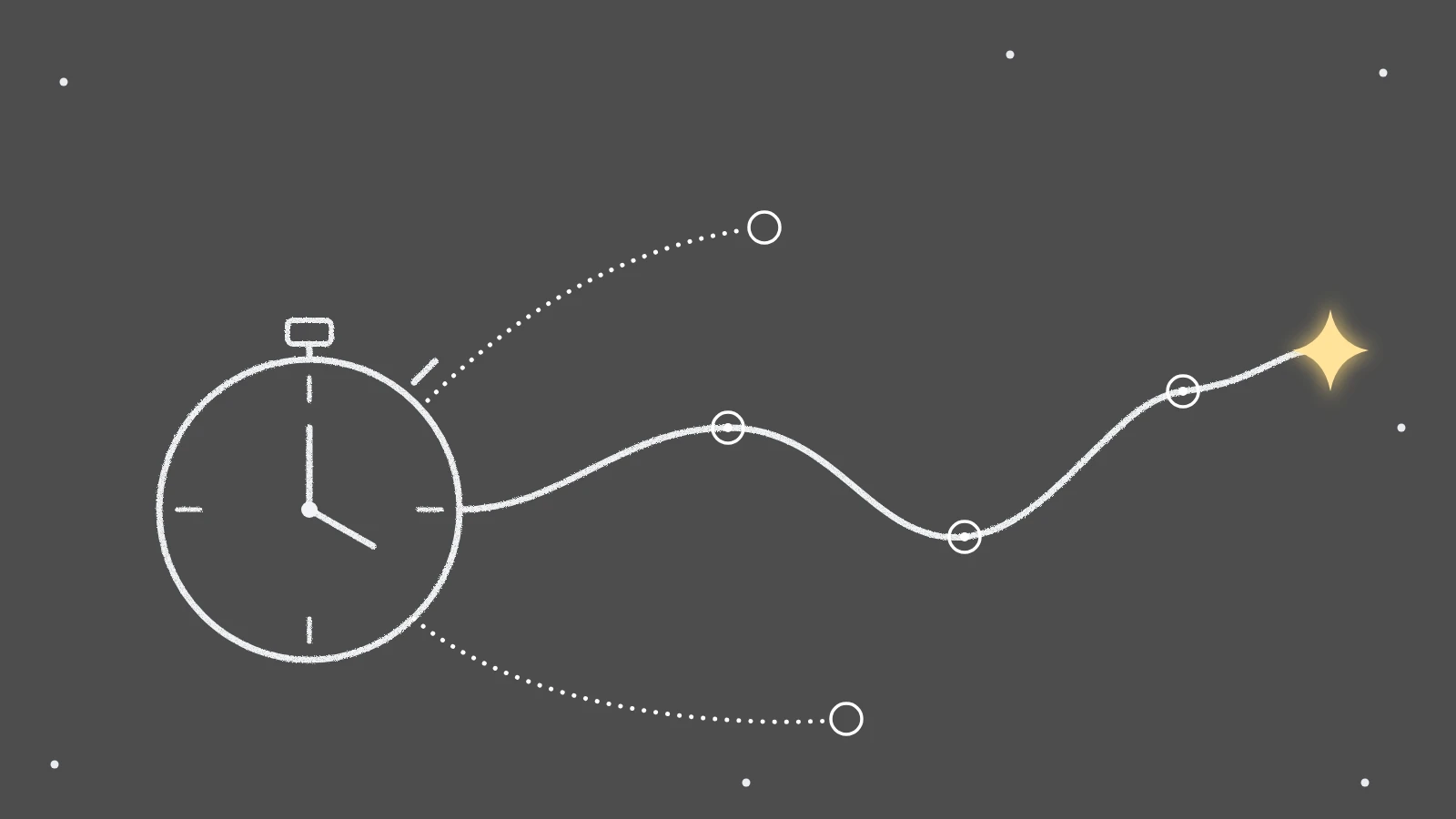 Time tracker vs PSA: a chalk stopwatch on charcoal leads along a path through ring nodes to a yellow star, while two dotted lines end in empty circles