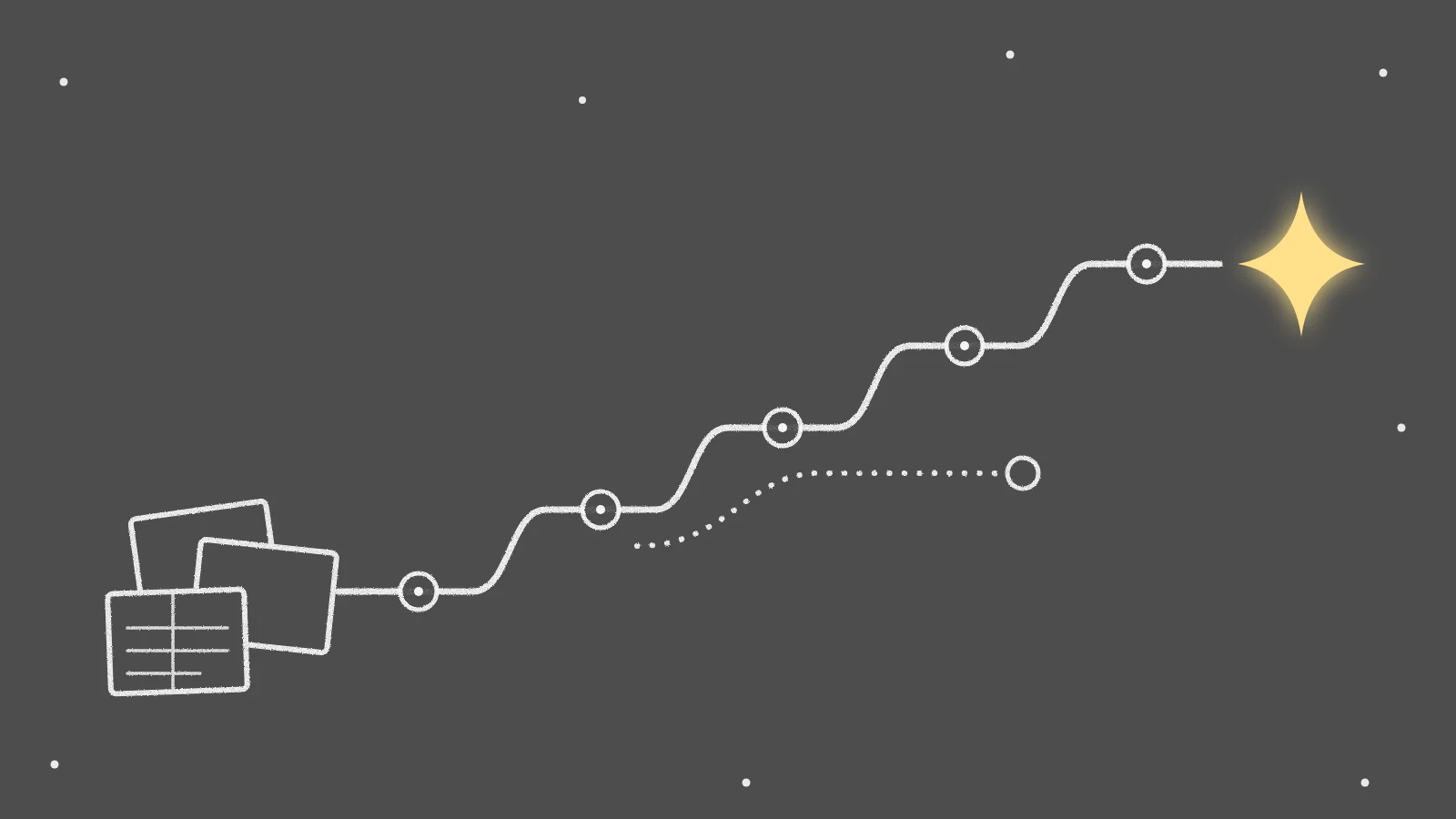 PSA rollout guide: a chalk path climbs five ring nodes from a pile of loose spreadsheets to a yellow star, with a dotted parallel track ending in an empty circle