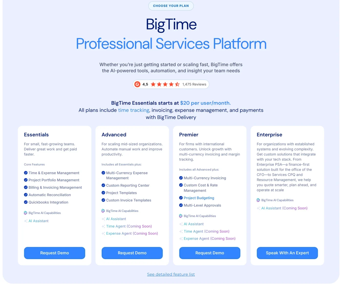 BigTime pricing page listing Essentials from 20 dollars per user per month and other tiers by demo