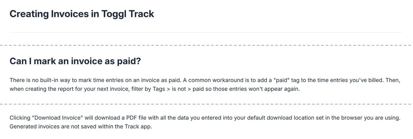 Toggl Track help article saying there is no built-in way to mark an invoice as paid and that generated invoices are not saved in the Track app
