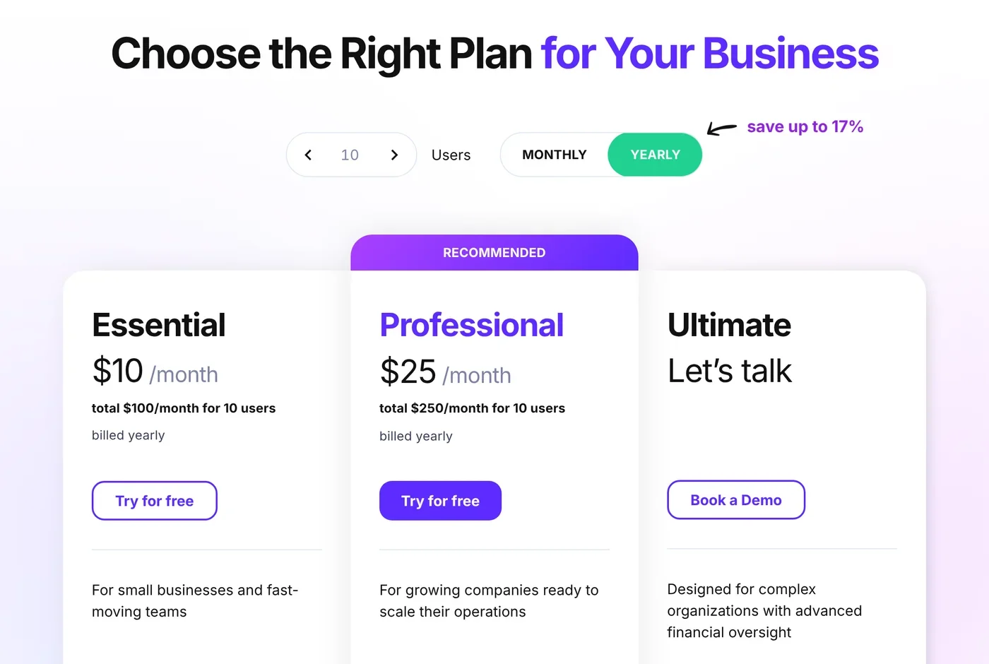 Productive pricing page on yearly billing for 10 users showing Essential at 10 dollars, Professional at 25 dollars and Ultimate by request