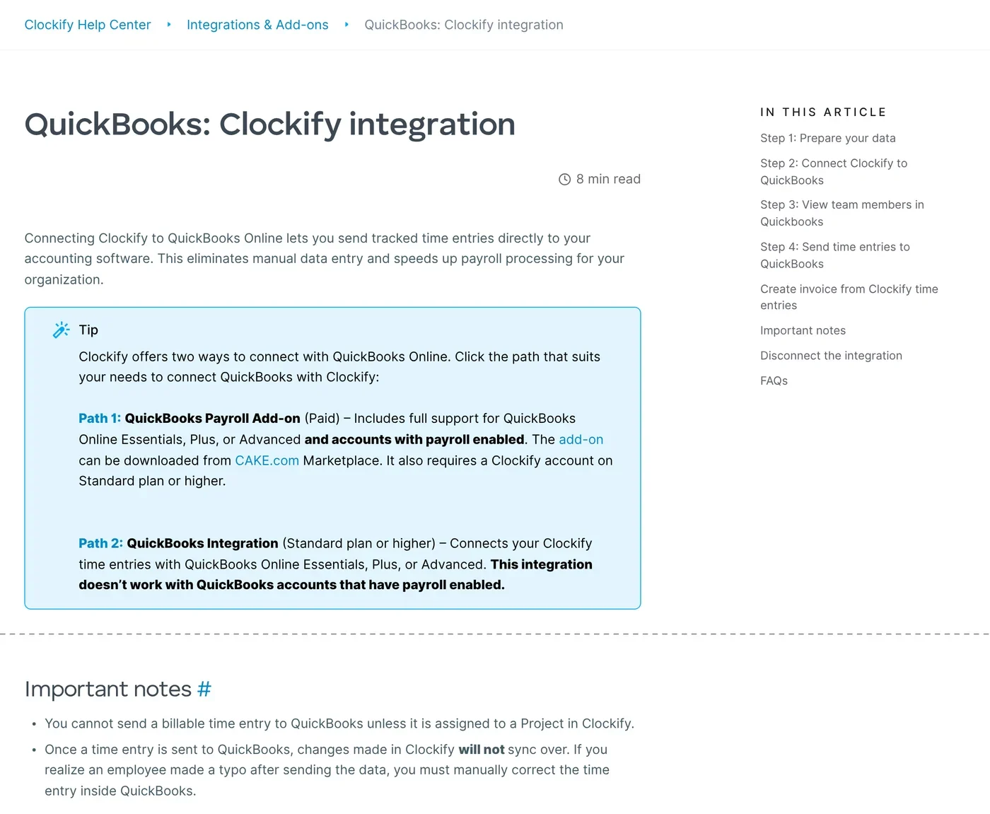 Clockify help center article on the QuickBooks integration explaining that time entries are sent to QuickBooks and later edits in Clockify do not sync