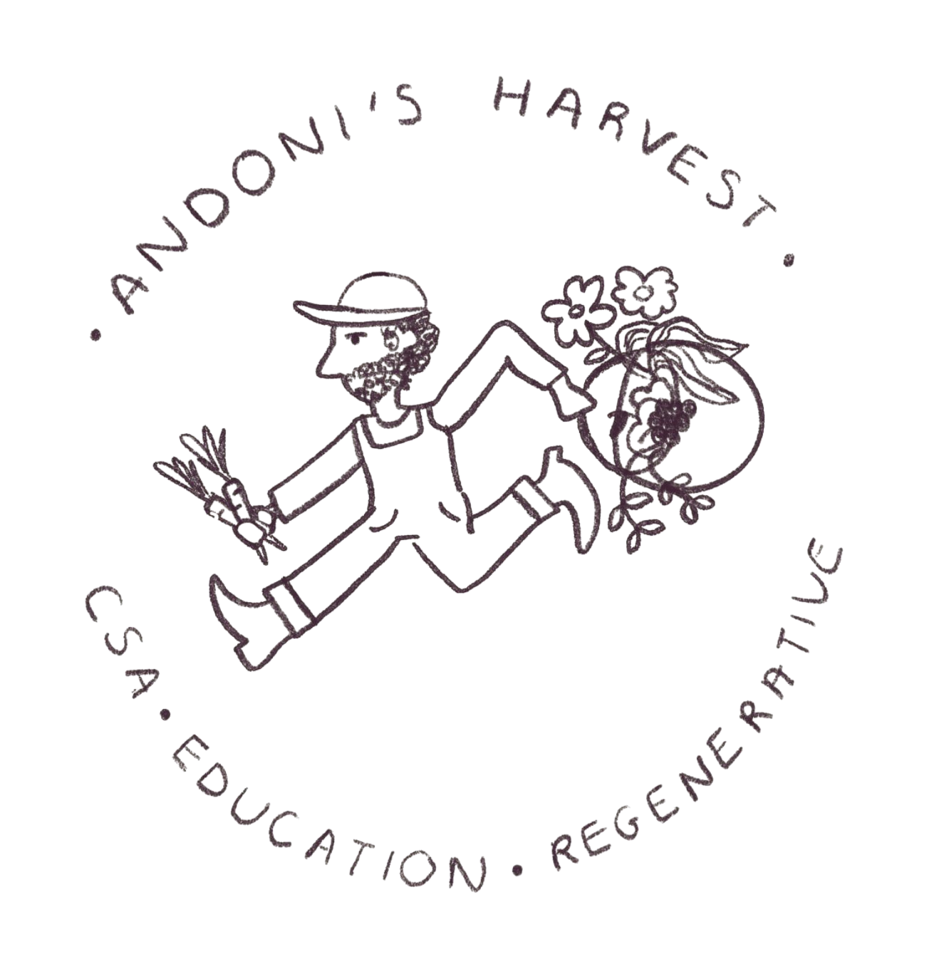 Andoni's Harvest logo — a hand-drawn farmer running with vegetables and flowers