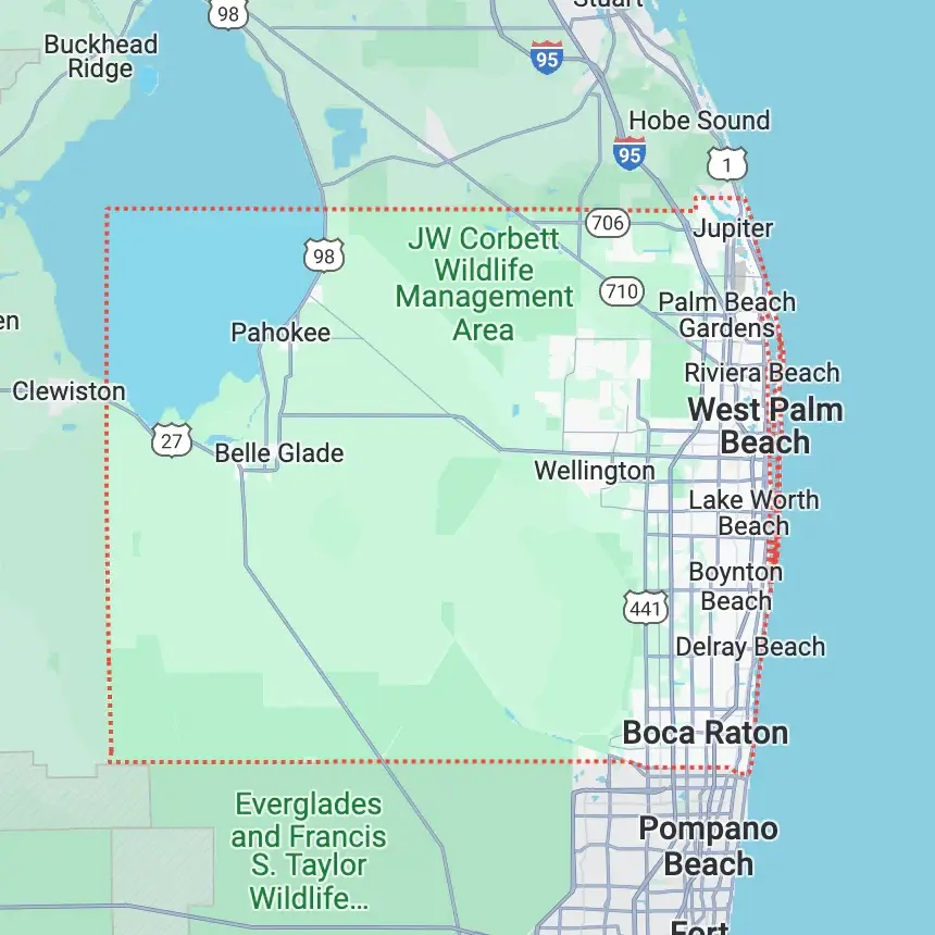 Map of the Andoni's Harvest delivery area, circling The Acreage, Palm Beach Gardens, West Palm Beach, and Wellington