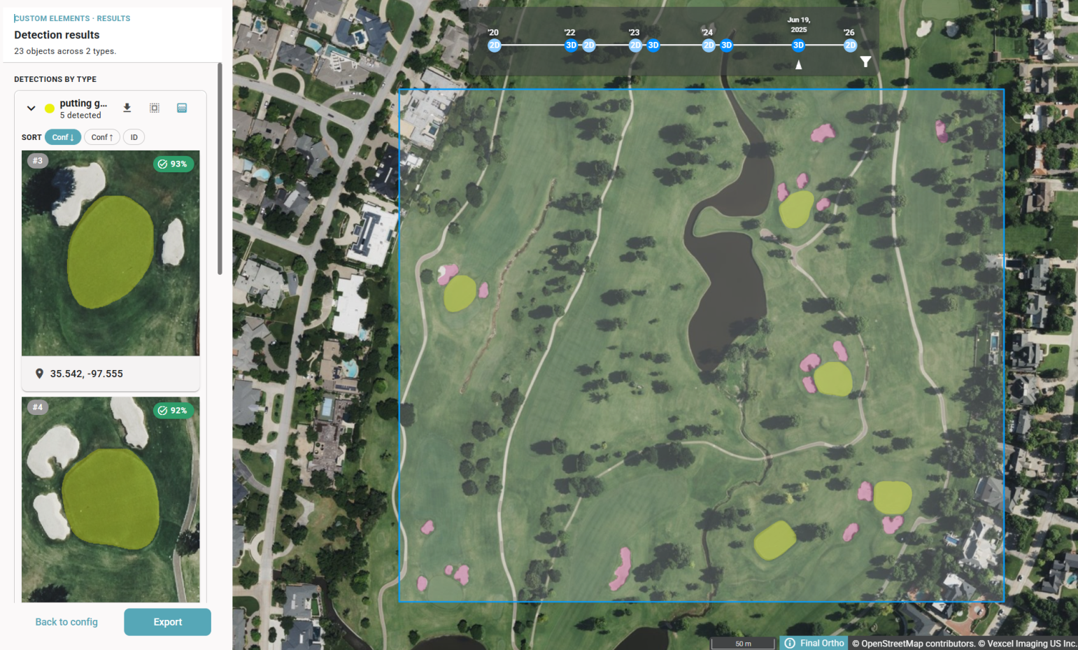 Vexcel Intelligence Studio detecting putting greens and sand traps on a golf course