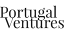 Portugal Ventures text logo in black serif font on a grey mosaic background.