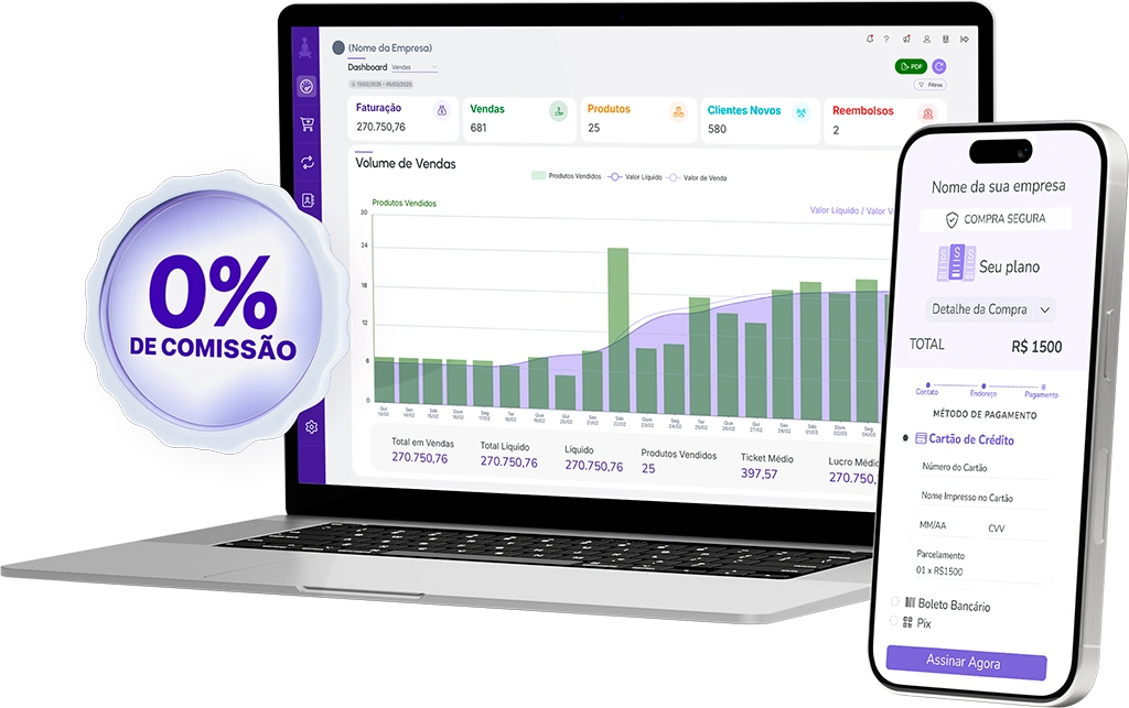 Laptop showing sales dashboard with charts and a phone displaying a secure payment form in Portuguese.
