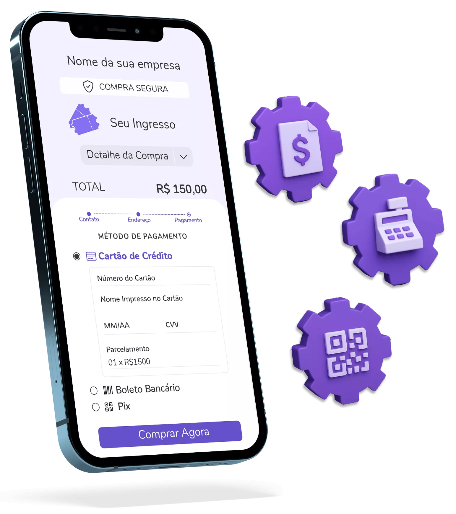 Mobile ticket purchase screen showing payment methods: credit card, bank slip, Pix, and a total price of R$150.00.