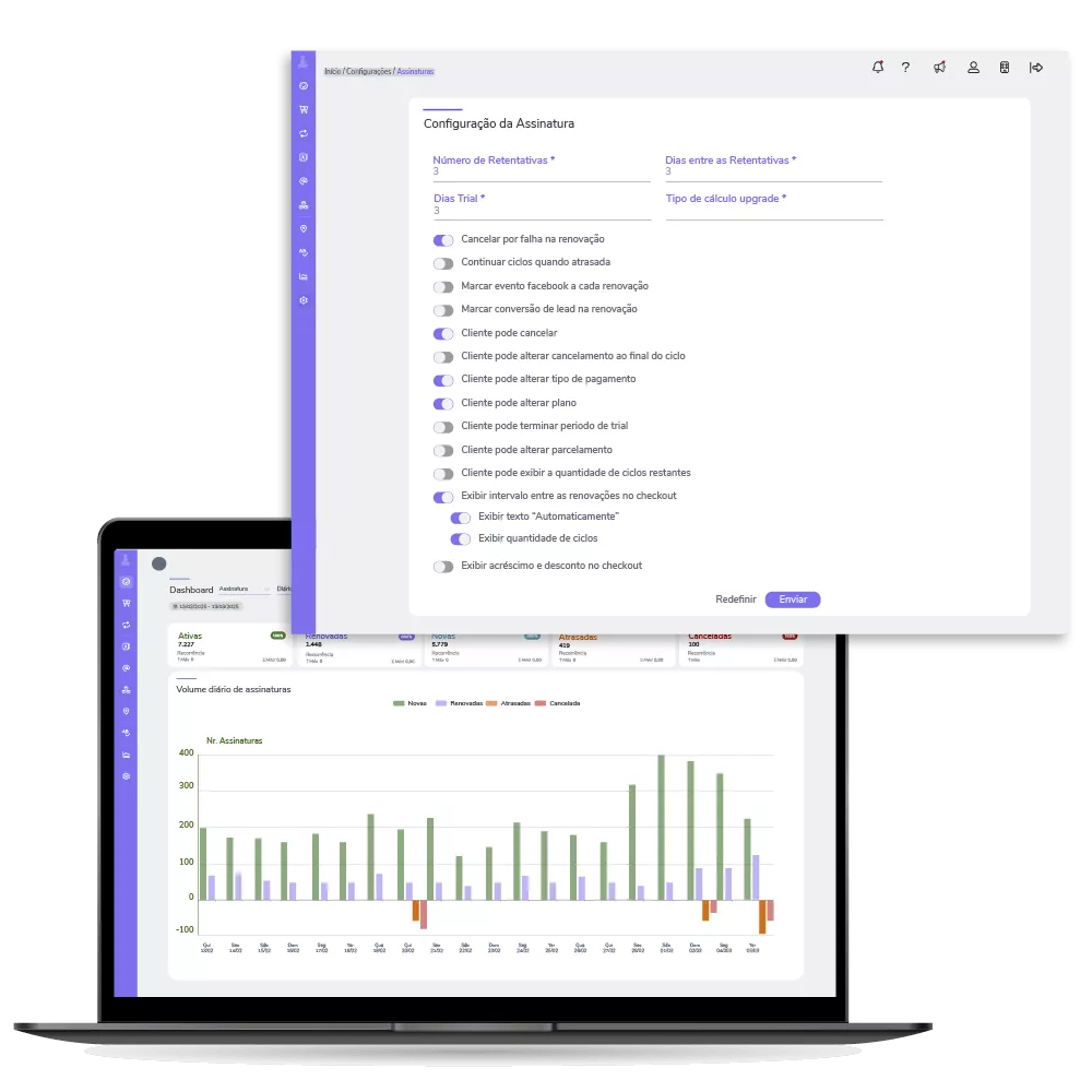 User interface on a laptop showing subscription settings and a daily subscription volume bar chart.
