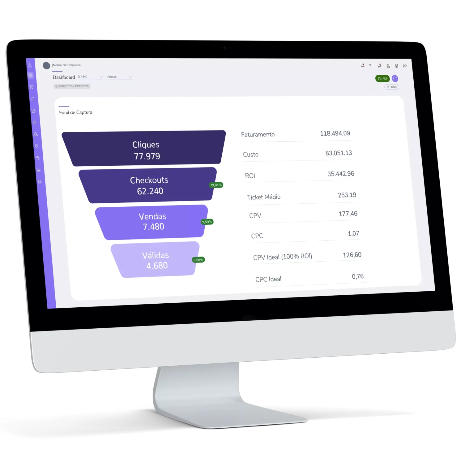 Computer screen showing a sales dashboard with a funnel chart and financial metrics in Portuguese.