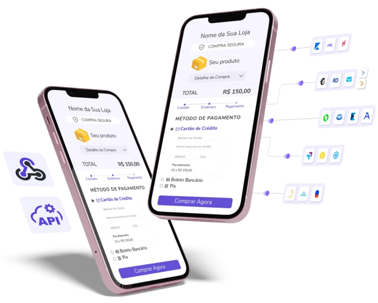 Two smartphones show a payment interface in Portuguese with credit, boleto, and Pix options and an API webhook integration.