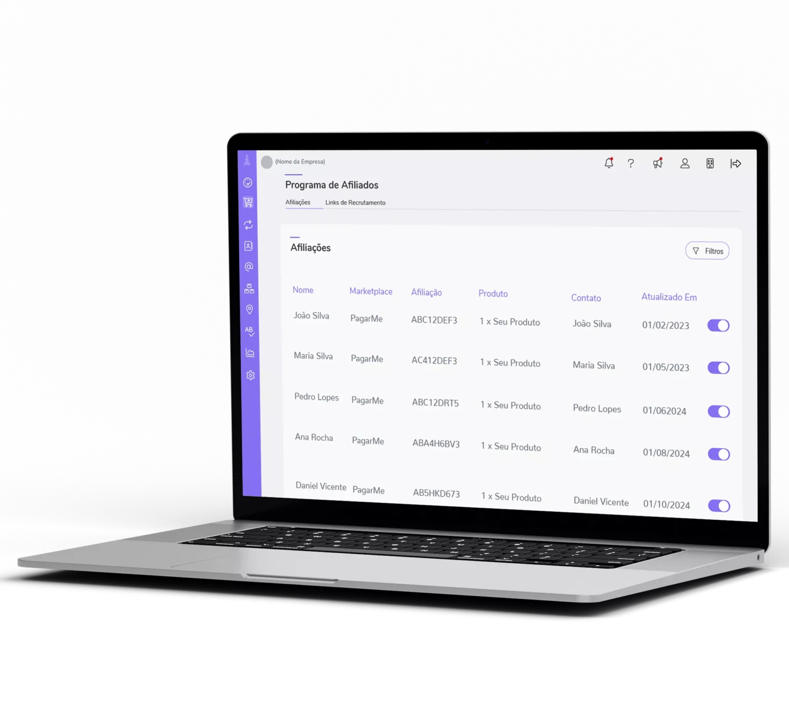 Laptop screen displaying a Portuguese affiliate program dashboard with member names, products, and update toggles.