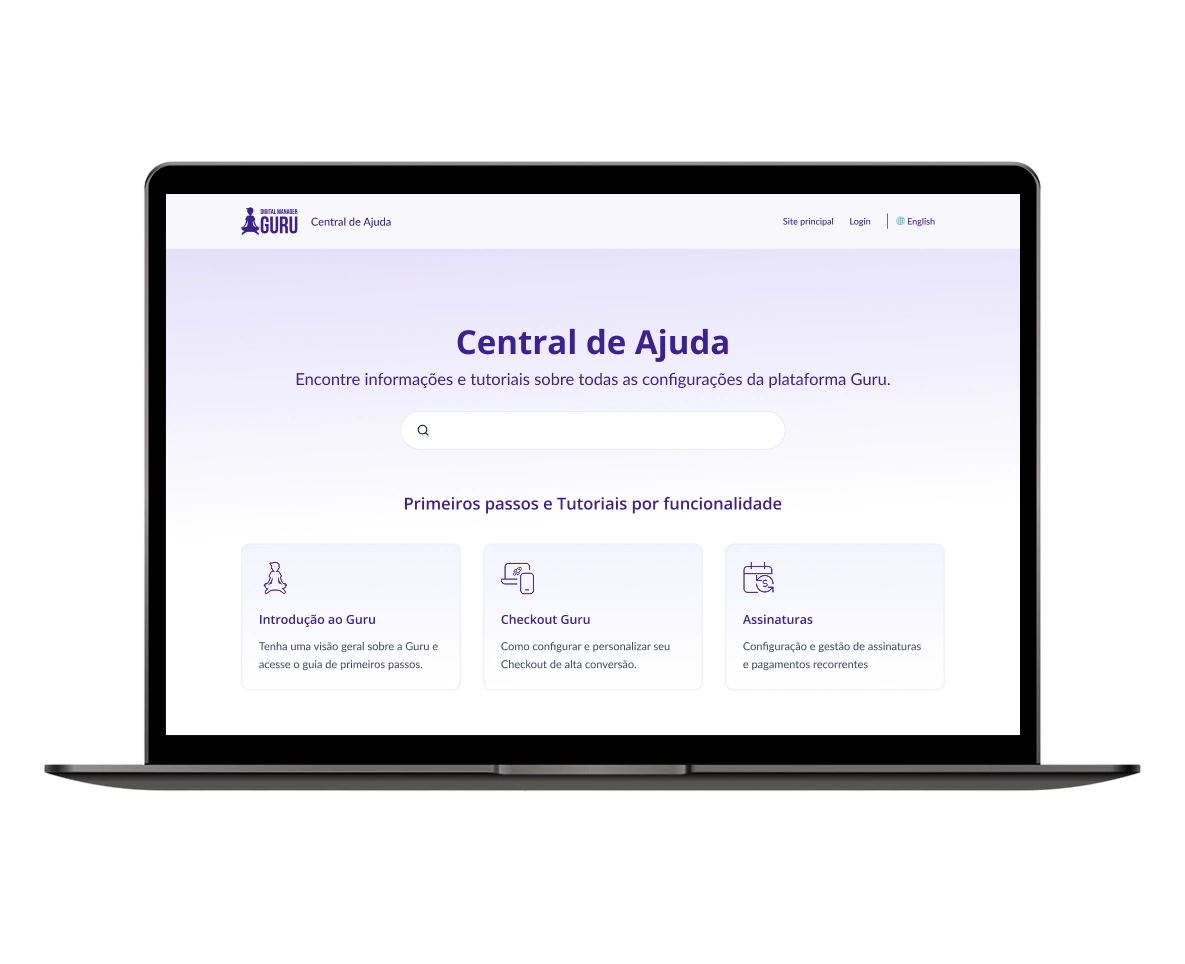 Laptop screen showing Guru Help Center with search bar and three tutorial categories in Portuguese.