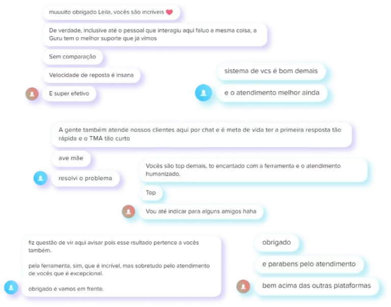 Chat messages praising fast, effective customer support and excellent service from a company.