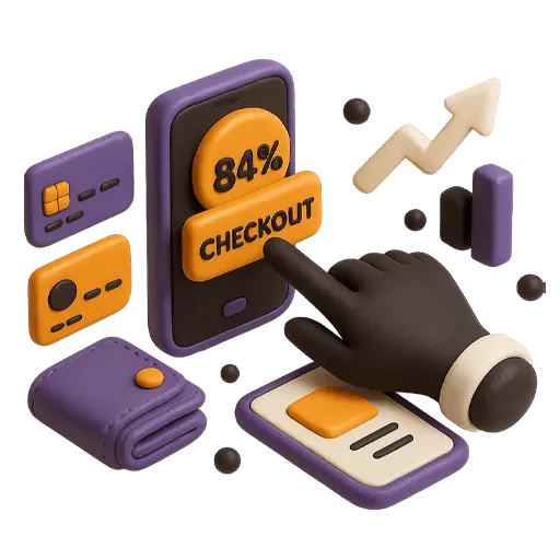 3D hand pressing checkout button on phone screen showing 84%, with credit cards, wallet, and upward arrow.