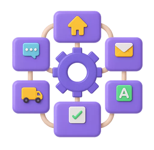 Purple gear surrounded by six purple squares with icons: home, chat, email, truck, checkmark, and letter A.