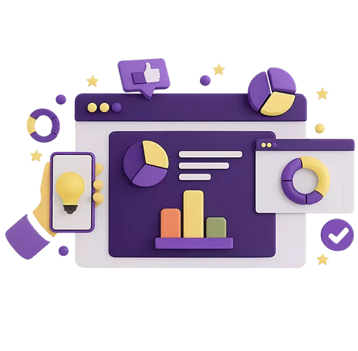 3D illustration of a web page with colorful charts, graphs, a lightbulb, thumbs up, and checkmark icons.