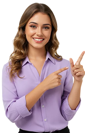 Smiling young woman with wavy hair wearing a lavender shirt pointing to her right.