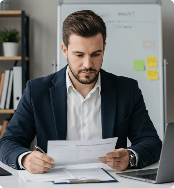 Man in dark suit reading a document at desk with laptop and clipboard in office setting.