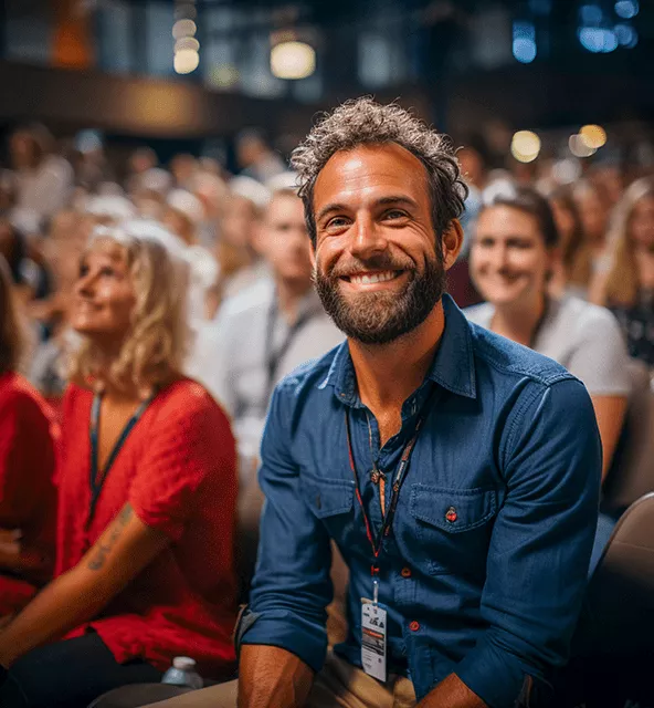 Smiling bearded man in a blue shirt sitting among seated people at an indoor event.