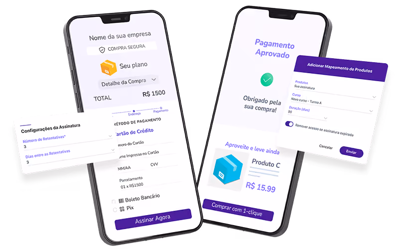 Telas de celular exibindo checkout de plano, pagamento aprovado com upsell e janela de mapeamento de turmas do curso