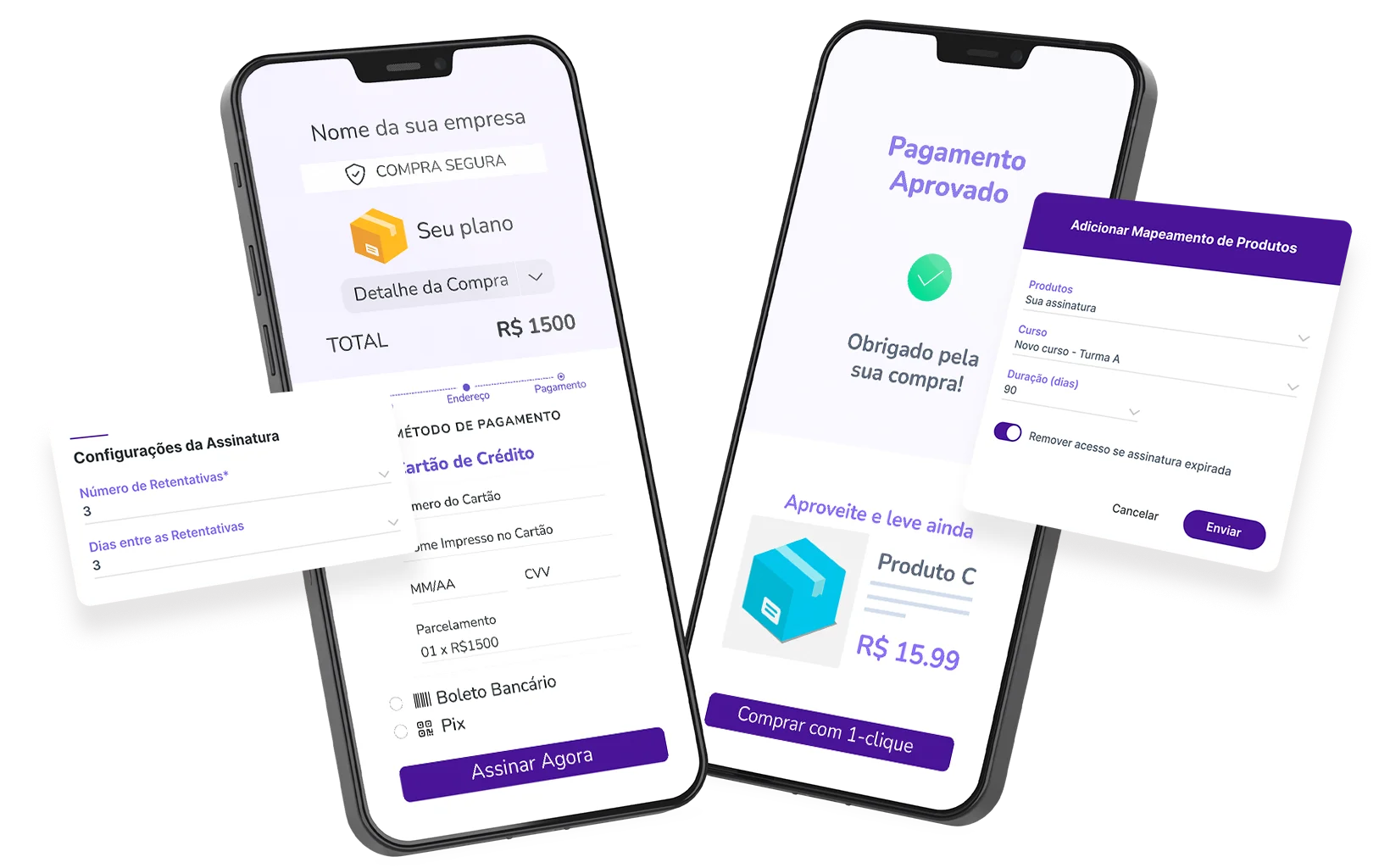 Telas de celular exibindo checkout de plano, pagamento aprovado com upsell e janela de mapeamento de turmas do curso