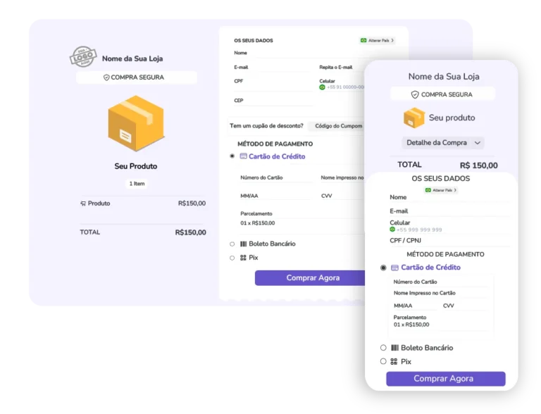 Versão para desktop e celular do checkout do Guru
