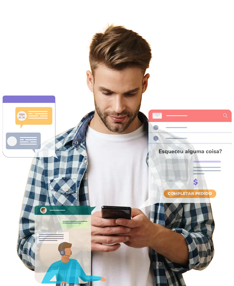 A man looks at his phone with a popup cart reminder.