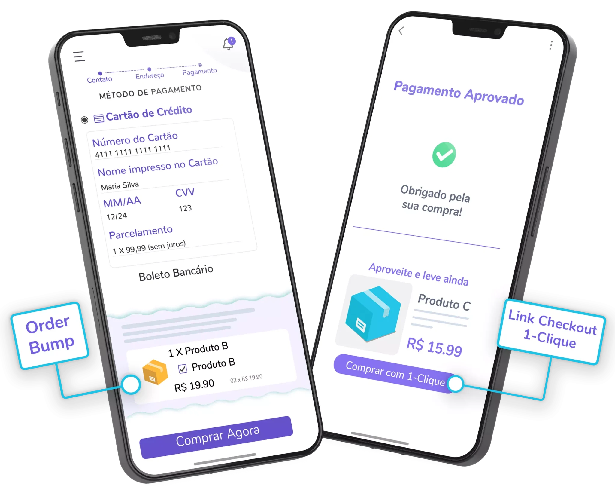 Two mobile screens showcasing an optimized Portuguese checkout process. The left shows a credit card payment form and an Order Bump feature. The right confirms 'Payment Approved' and highlights a 1-Click cross-sell upsell below the confirmation.