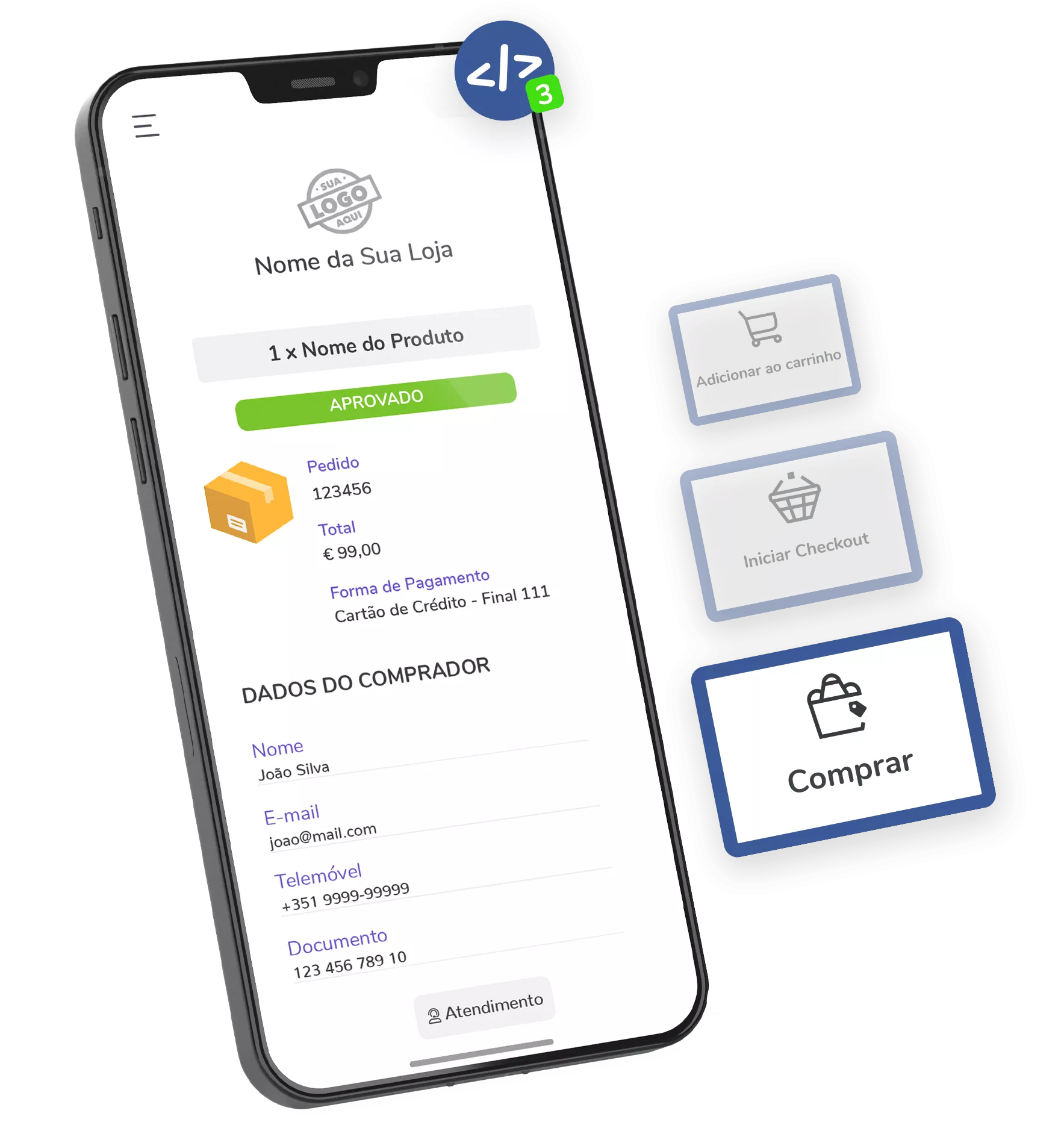Mobile checkout screen, with a visible code icon and purchase buttons.