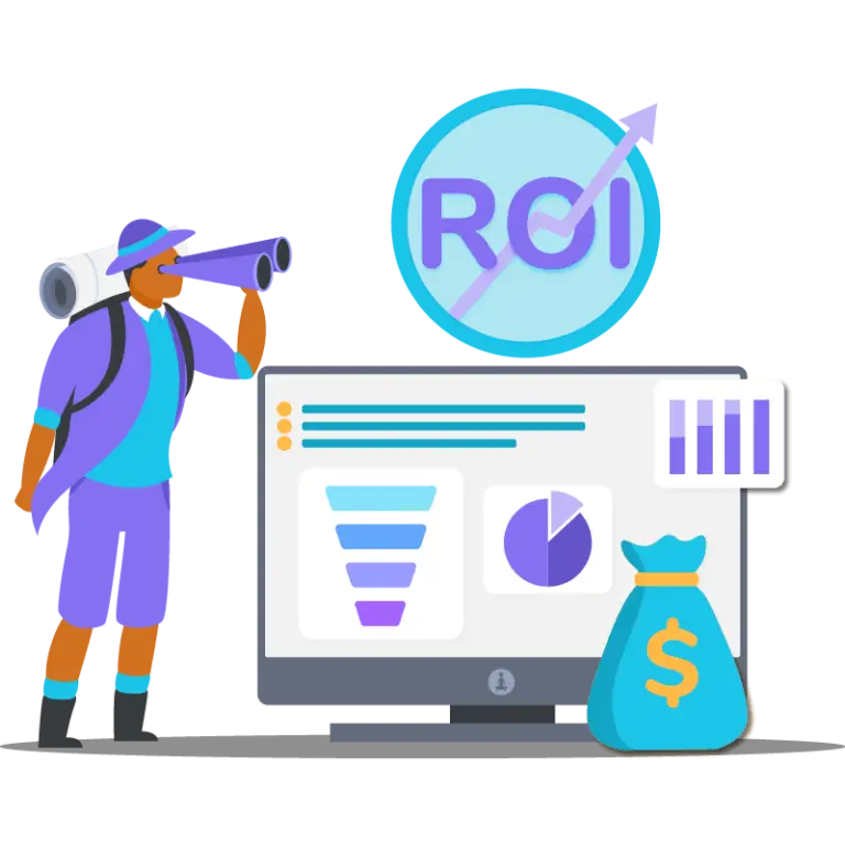 A business data analyst looking through binoculars at business metrics and a large 'ROI' logo with an upward trend arrow