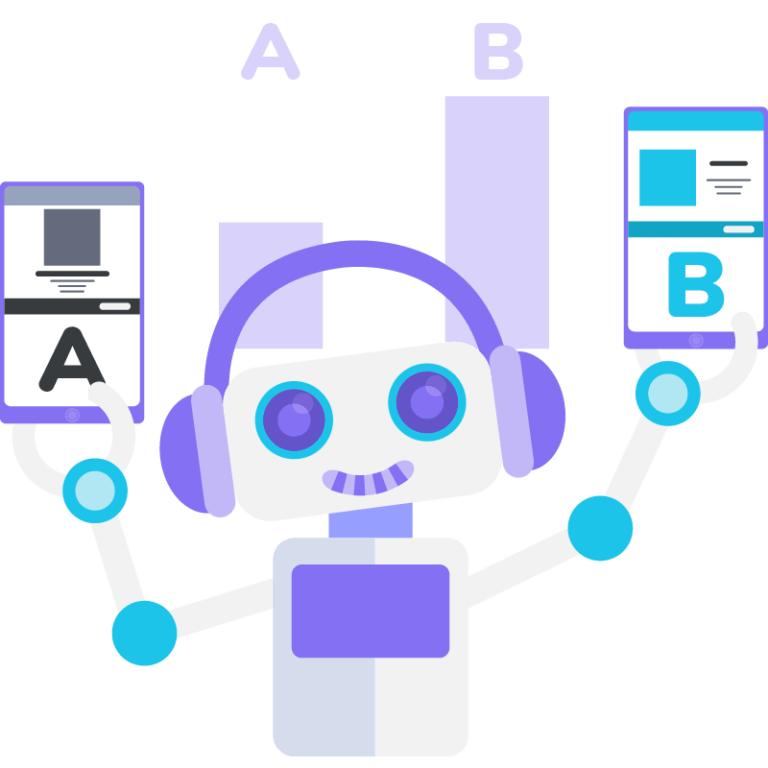 An AI robot holding two smartphones showing version A and version B for A/B testing with a performance bar chart in the background