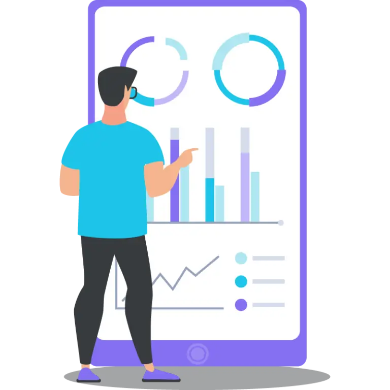 A man analyzing performance charts, bar graphs, and doughnut diagrams on a giant smartphone screen