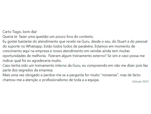 print de um elogio ao suporte da Guru